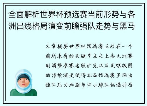 全面解析世界杯预选赛当前形势与各洲出线格局演变前瞻强队走势与黑马机会